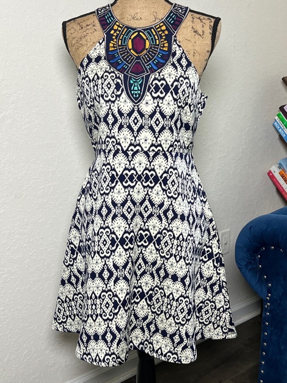 Women's Navy & Beige Patterned Fit-and-Flare Dress